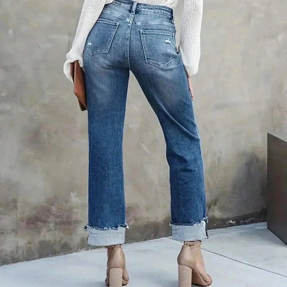 Blue Casual Women's High Waist Raw Cut Straight Leg Jeans - Picture 2 of 3